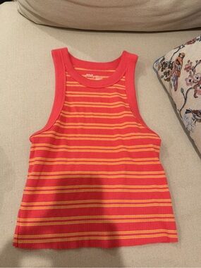 Women's Striped Ribbed Tank Top - Coral & Yellow